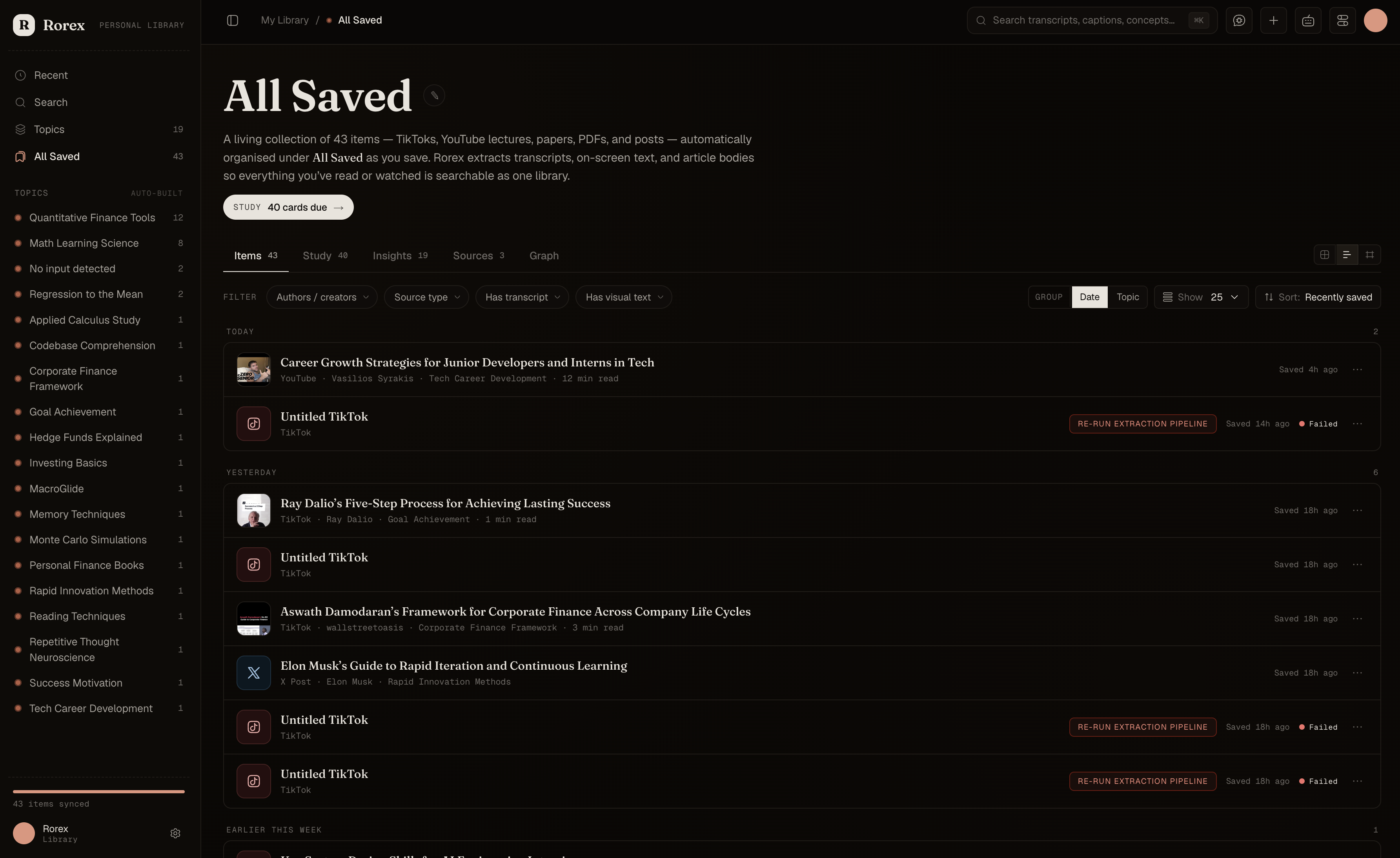 Rorex library in dark mode showing all saved items organized by topic